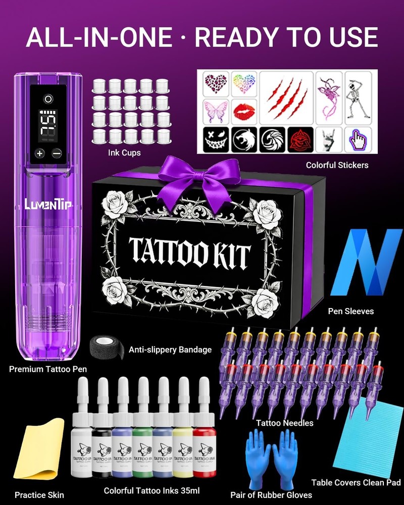 Wireless Tattoo Kit Complete for Beginners Pen Machine with Power Supply Needles