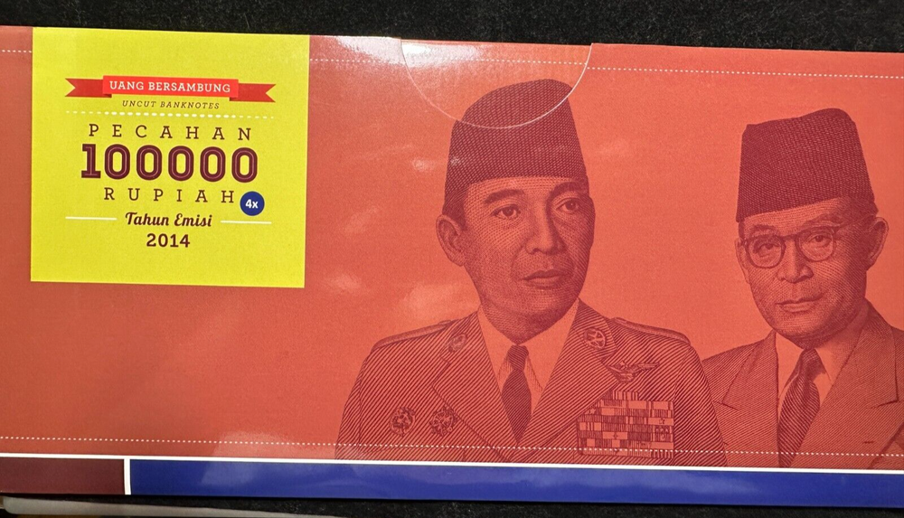 Indonesia 100000 Rupiah 2014 UNCUT notes 4x1 With Folder & Certificate
