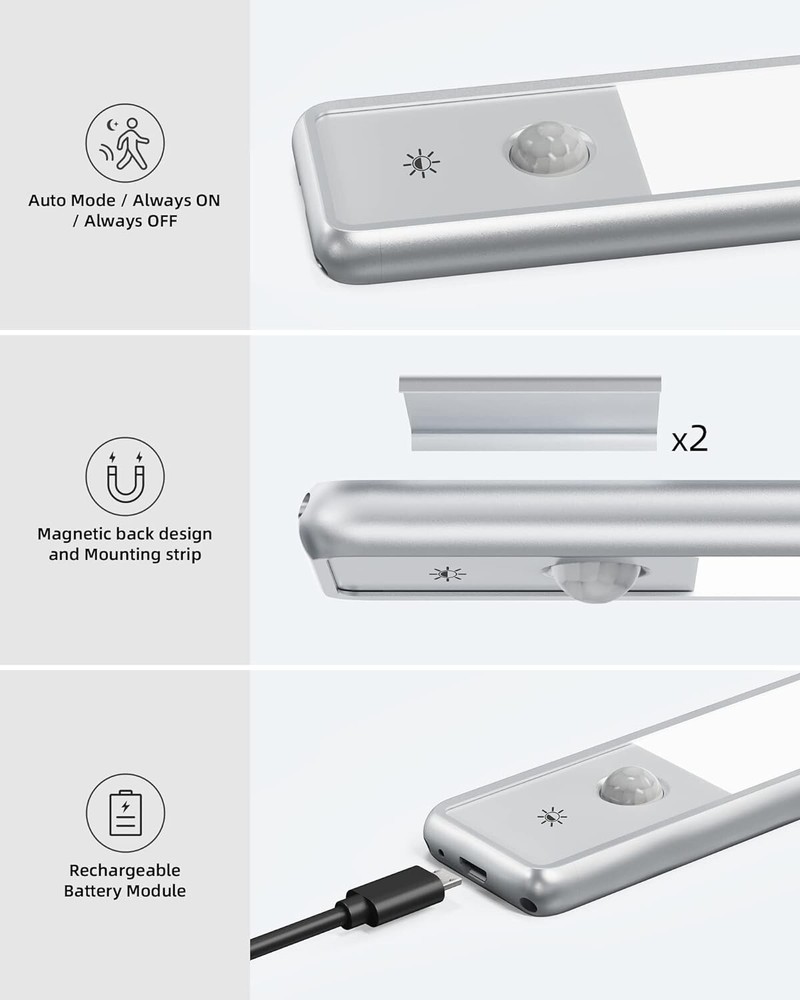 Motion Sensor LED Lighting, Rechargeable 3 Color Temps Under Cabinet Night LED
