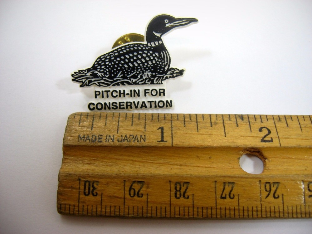 Vintage Pitch-In For Conservation Pinback Button Common Loon Bird Plastic Pin