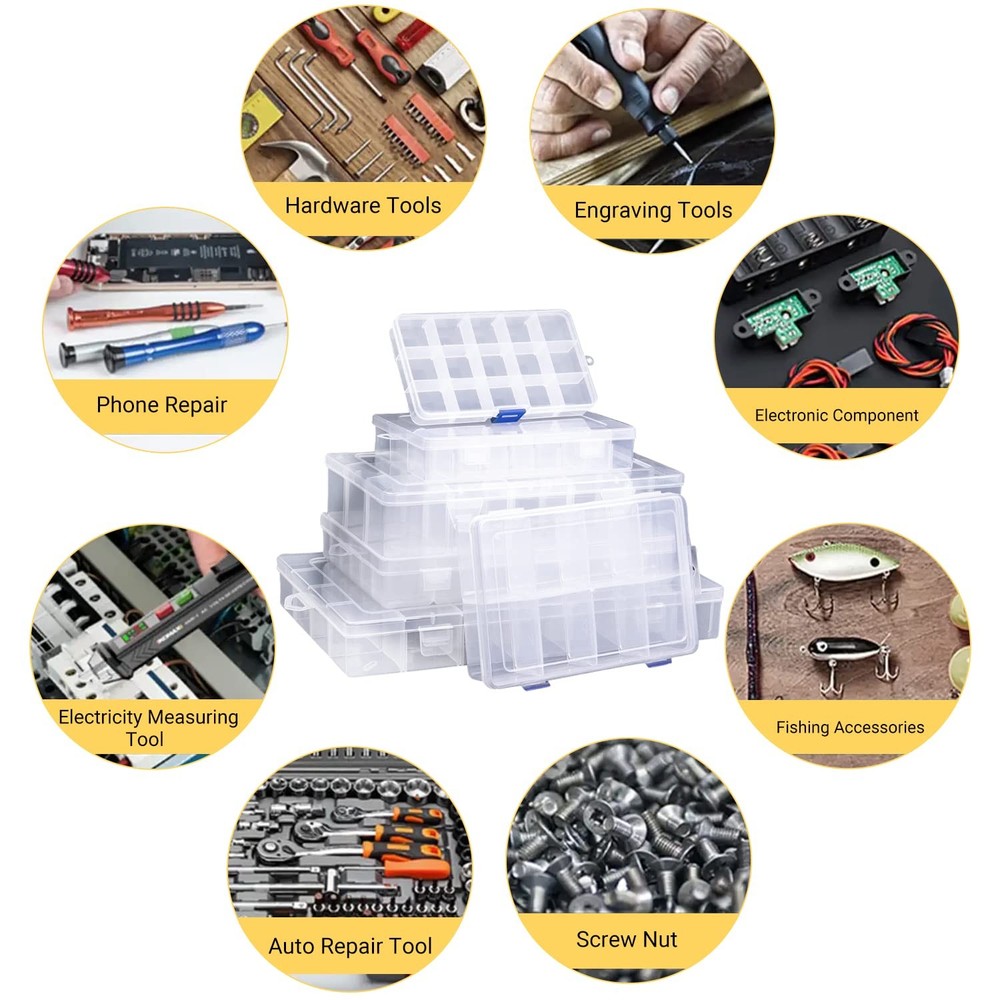Large 10 Grids Clear Plastic Organizer Box Craft Storage with Adjustable Divi...