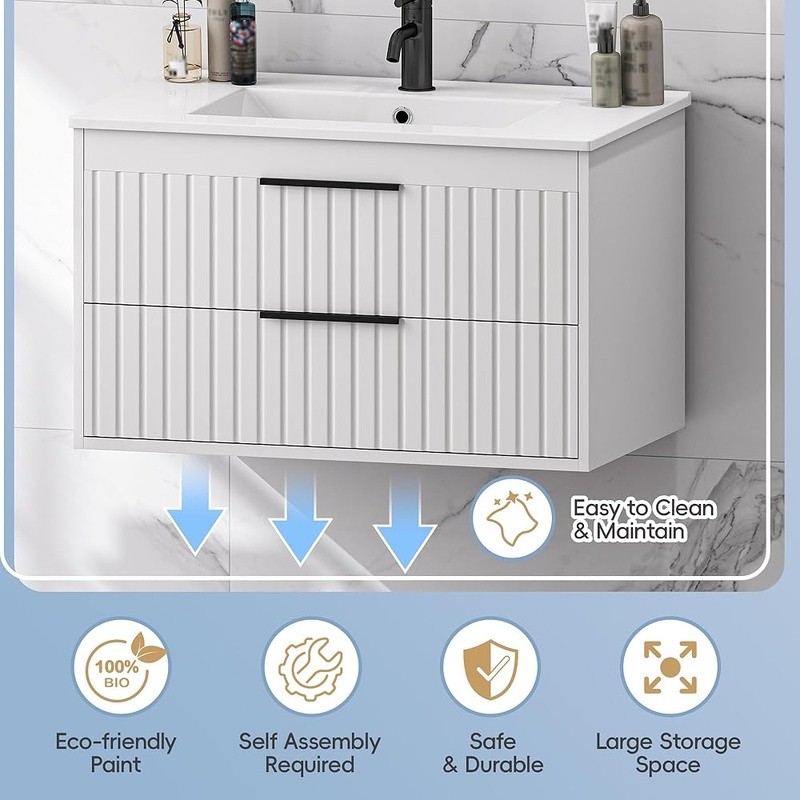 Wall-Mounted Bathroom Vanity Cabinet W/ Quiet Drawer System & Ample Storage New