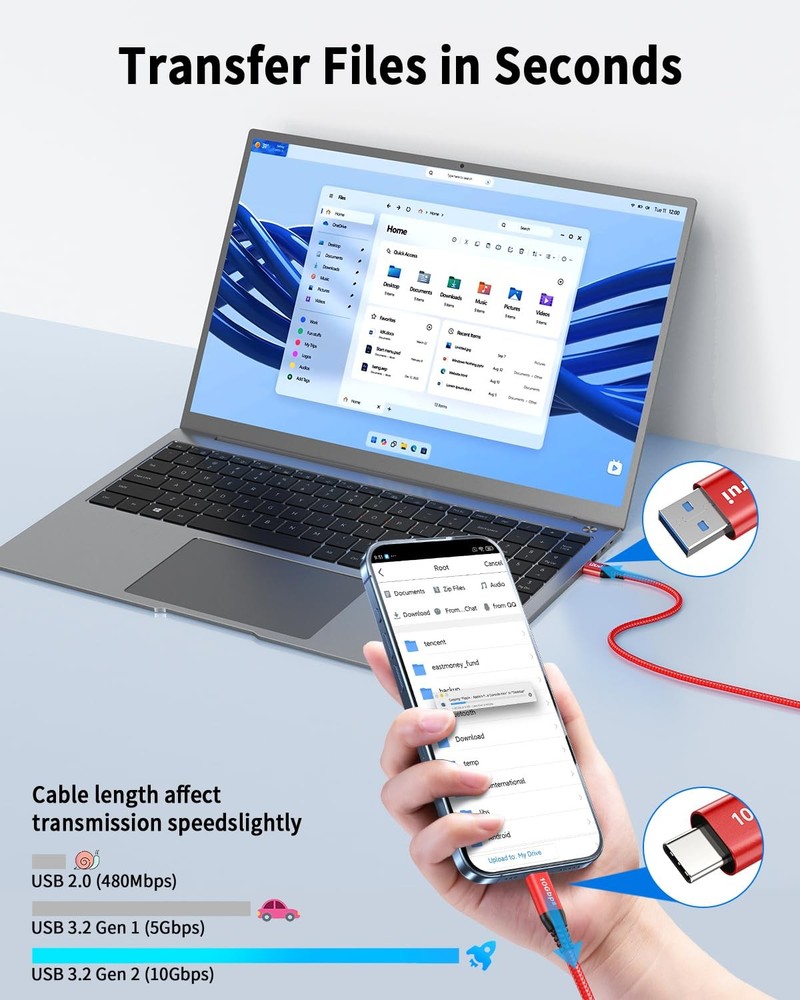 10ft Red USB C Cable 10Gbps Data Transfer, Extra Long 3.2 Gen 2 10ft,