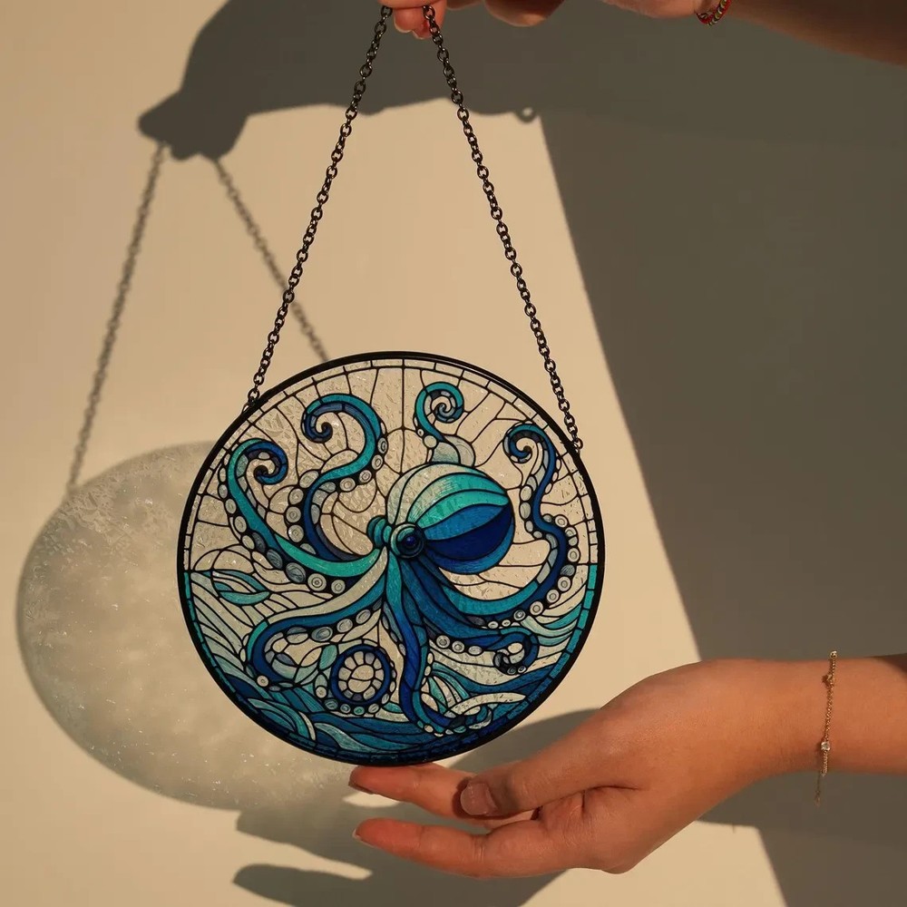 Personalized Blue Octopus Stained Glass Suncatcher, Decor Gift
