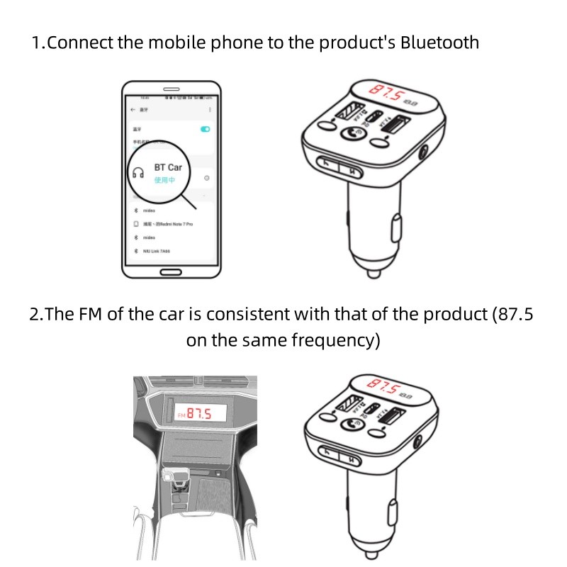 Bluetooth Car Adapter, FM Transmitter with Fast Charging, Dual LED Display