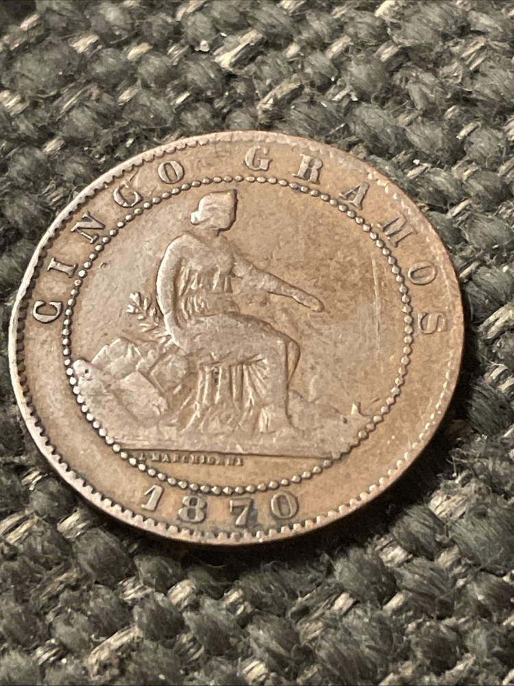 1870 Spain Cinco 5 Centimos  Coin