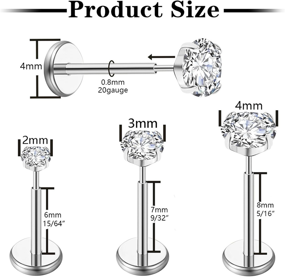 20G Flat Back Earrings Stud G23 Titanium Threadless Tragus Labret Cartilage L...