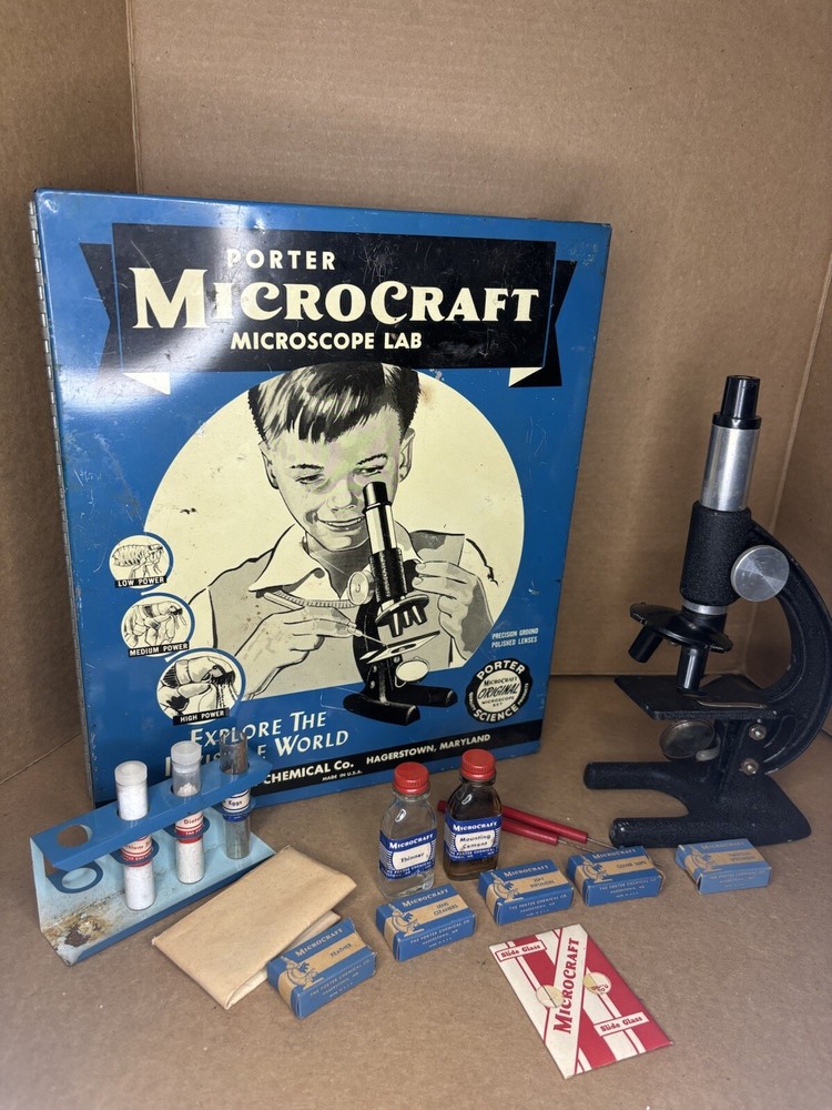 Porter Microcraft Microscope Lab in Original Tin Box / with Scope & Some Parts