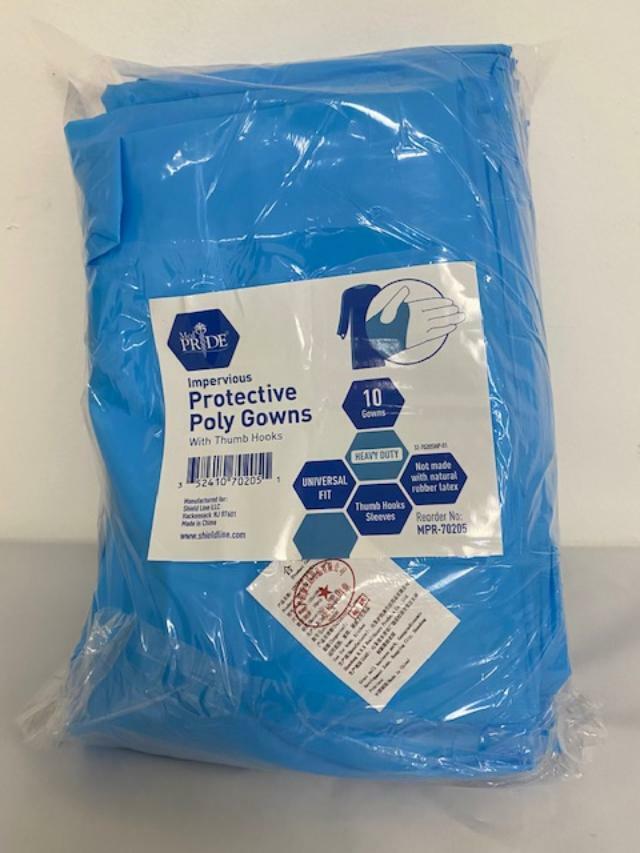 MedPride Impervious Isolation Prot.Poly-Gowns W/Thumb Hook,Blue, Level-3, 10/Bg