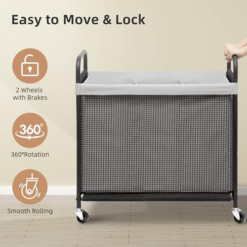 Rolling Laundry Hamper with Wheels Laundry Sorter Rolling 3-Section Grey