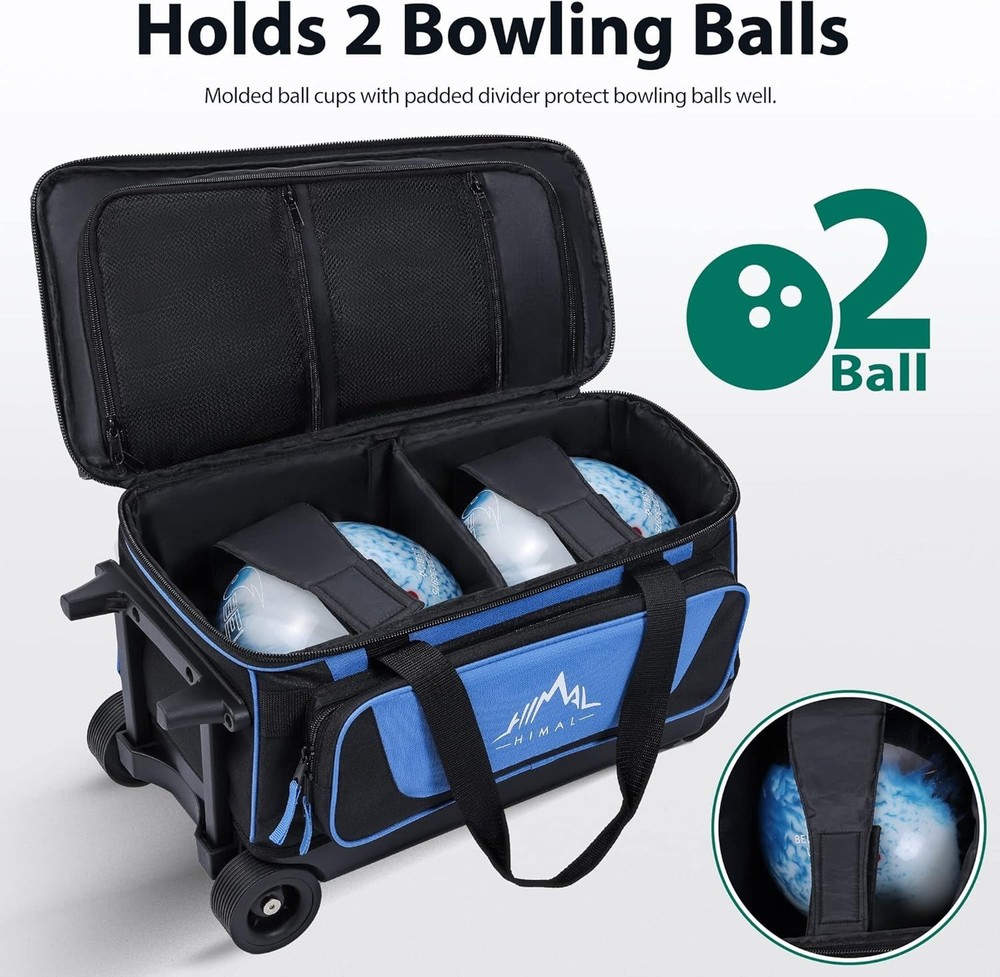 Double Roller 2 Ball Bowling Bag with Shoe Compartment, Retractable Handle, B...