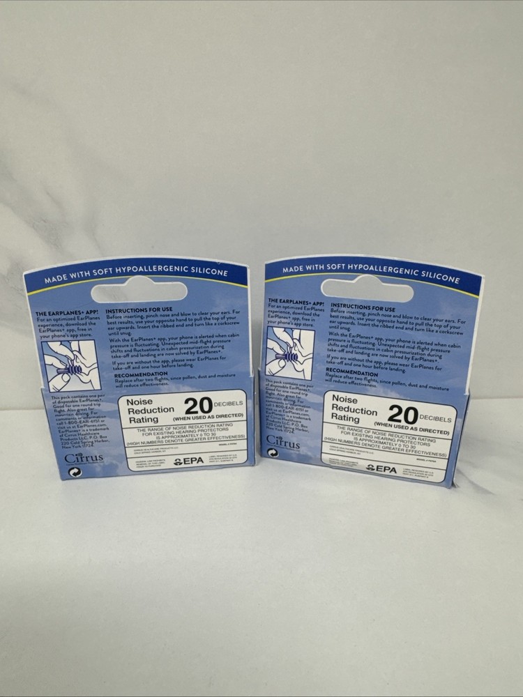 2 Pack - Earplanes Flight Ear Protection Earplugs - 1 Pair each Box Regular Size