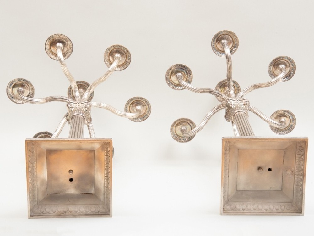PAIROF GERMAN SILVER SEVEN LIGHT CANDELABRA CORINTHIAN COLUMN
