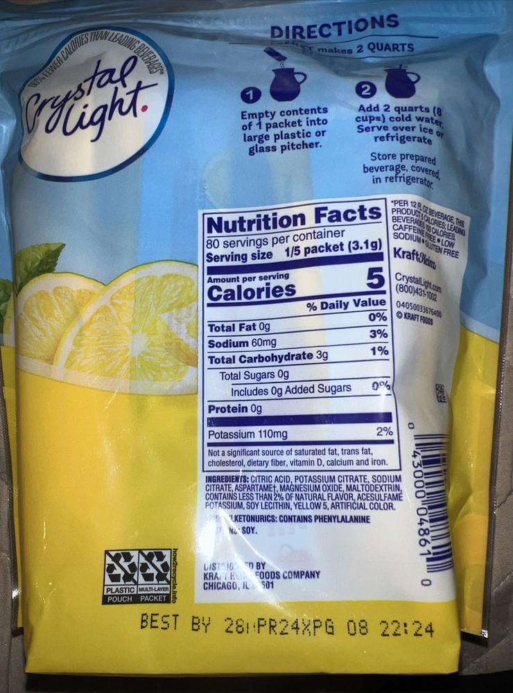 Crystal Light Natural Lemonade 16 Pitcher Packs Makes 32 Quarts 16 Packets.