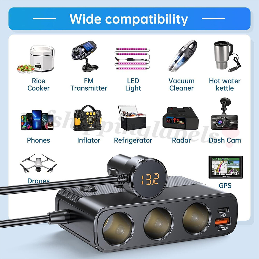 3Way Car Cigarette Lighter Socket Splitter 7 in 1 Power Adapter USB Fast Charger