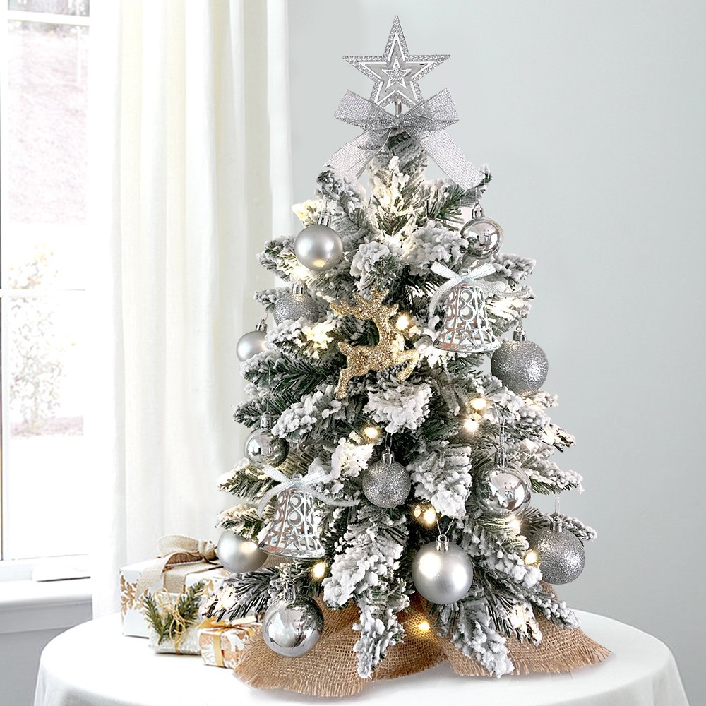 22" Artificial Prelit Tabletop Christmas Tree w/LED Light&Silver Ball Star Decor