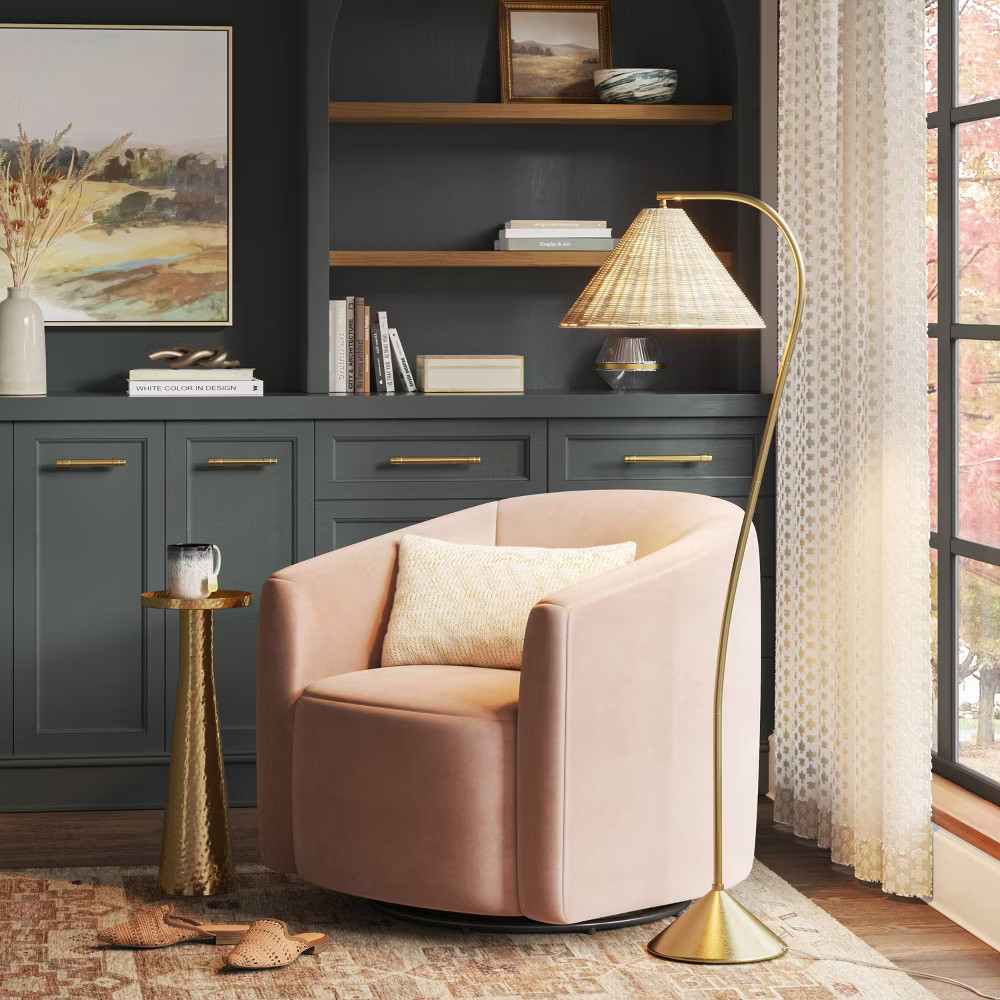 Gooseneck Floor Lamp with Natural Shade Brass - Threshold: Adjustable,