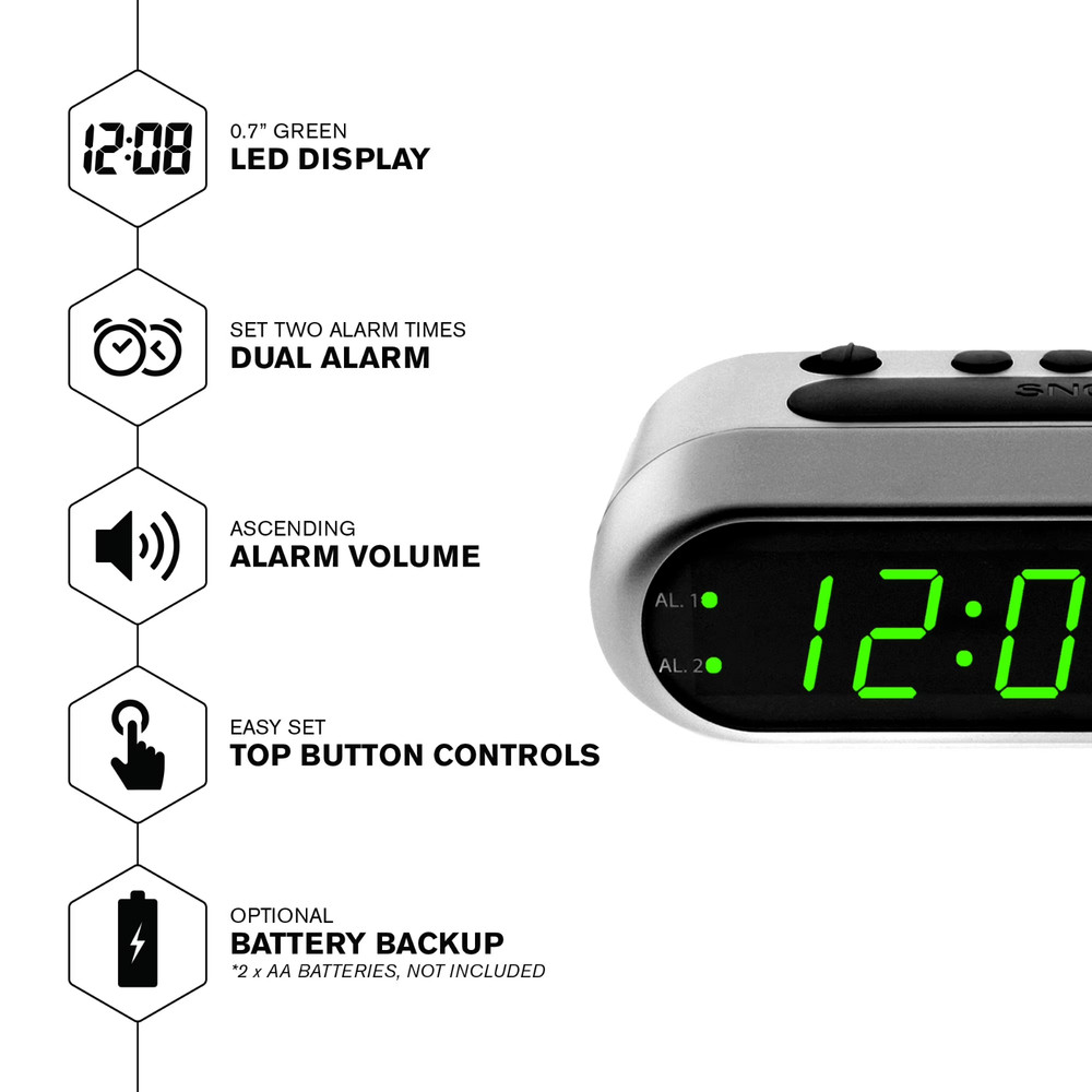 (2 pack) SHARP Digital Dual Alarm Clock, Silver with Green LED Display Ascending