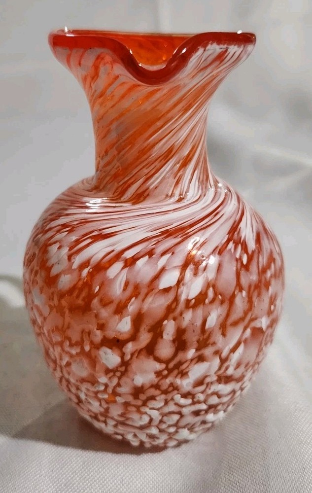 4"T Hand Blown Orange Spatterware Clear Handled Pitcher