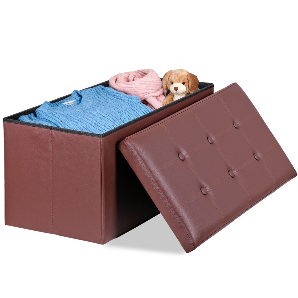 30" Sturdy Ottomans Footstools Soft Leather Brown Storage Footrest Foldable
