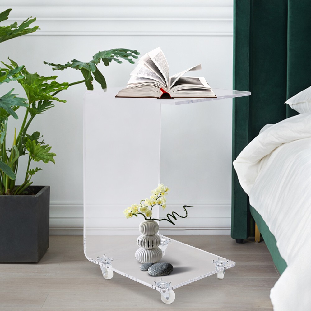 Acrylic Movable Clear Bedside Table C-Shaped End Table Snack Table on Wheels