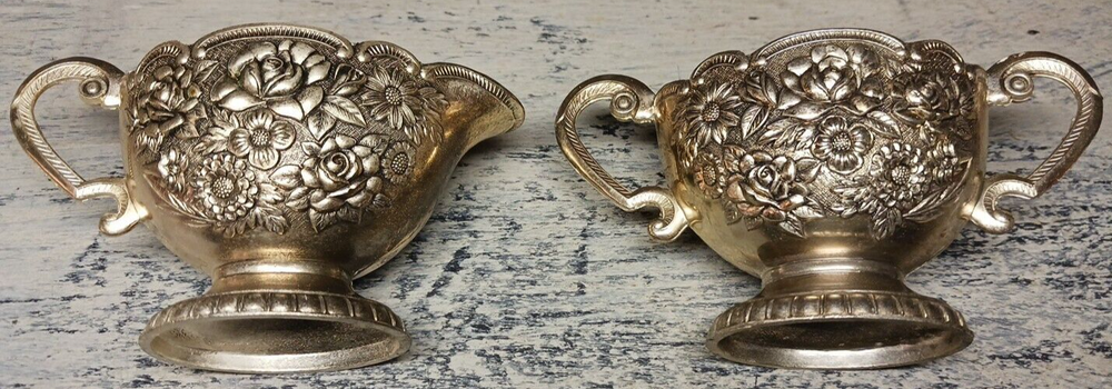 Silver Plate Cream & Sugar Dish Set With Porcelain Inside Nice Embossing Outside