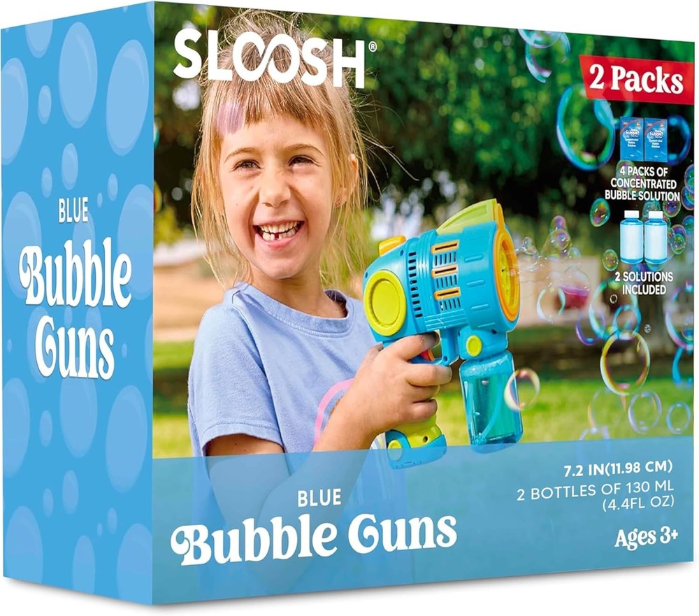 Sloosh 2 Packs Bubble Gun Machine with Refill Solution, Automatic Bubble Maker B