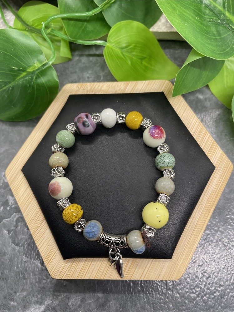 Handmade Ceramic Bead Beaded Stackable 6” Plus Stretch Bracelet New B244