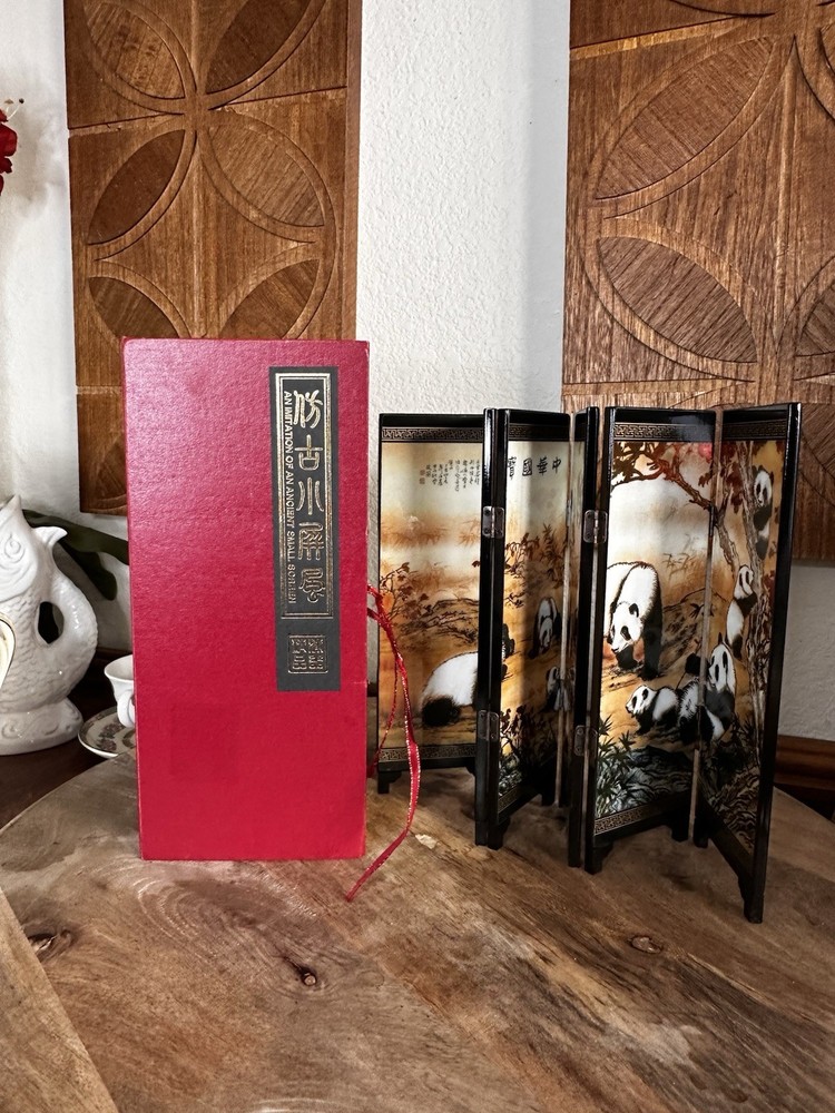 Chinese Panda Mini Folding Screen Black Lacquer Tabletop Art Boxed