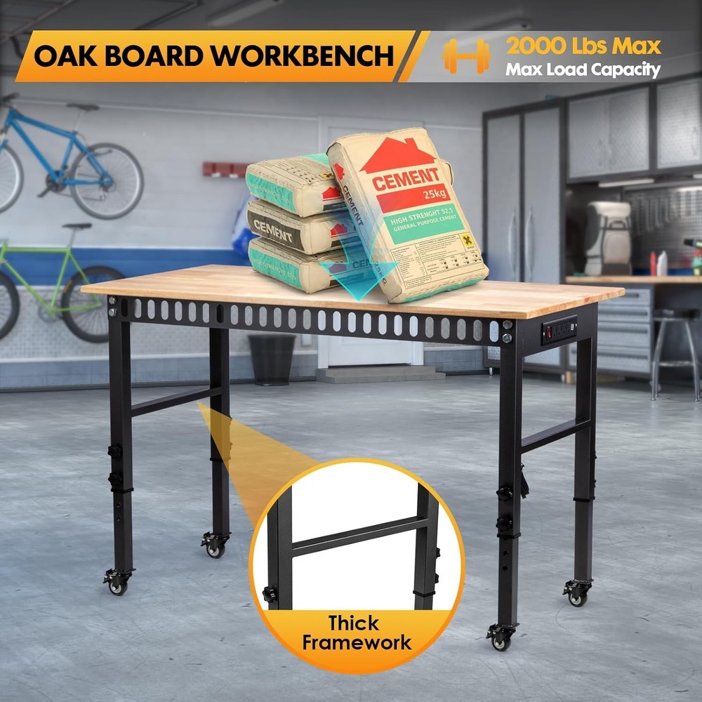Eco-Friendly Rubber Wood Workbench with 2000 LBS Capacity - Adjustable & Mobile