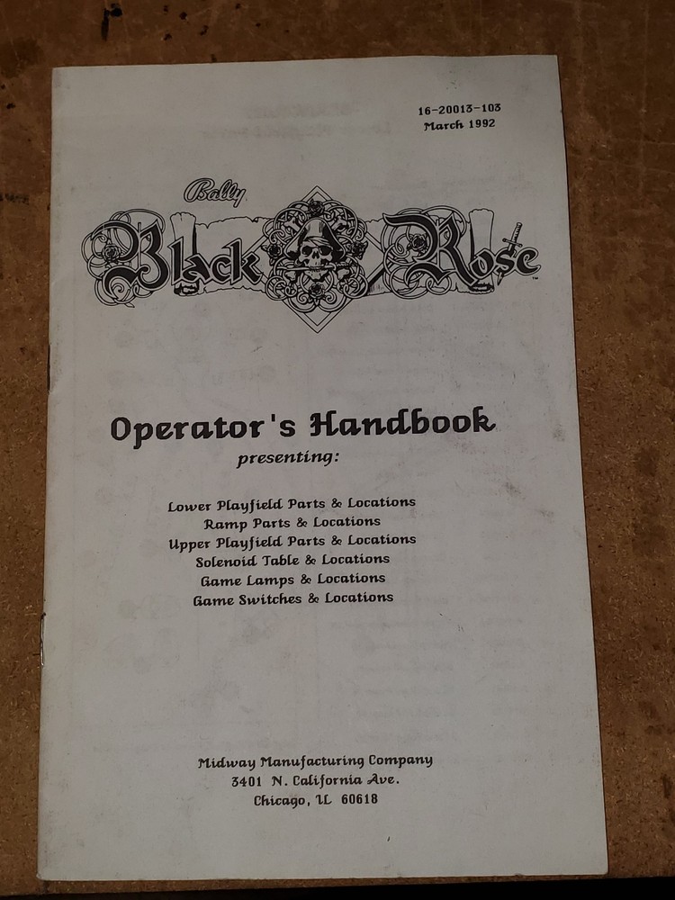 Bally BLACK ROSE Pinball Machine Settings Booklet ..original