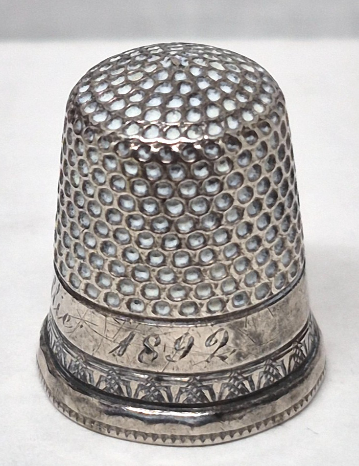 1892 Silverplate Engraved Thimble, Size 8