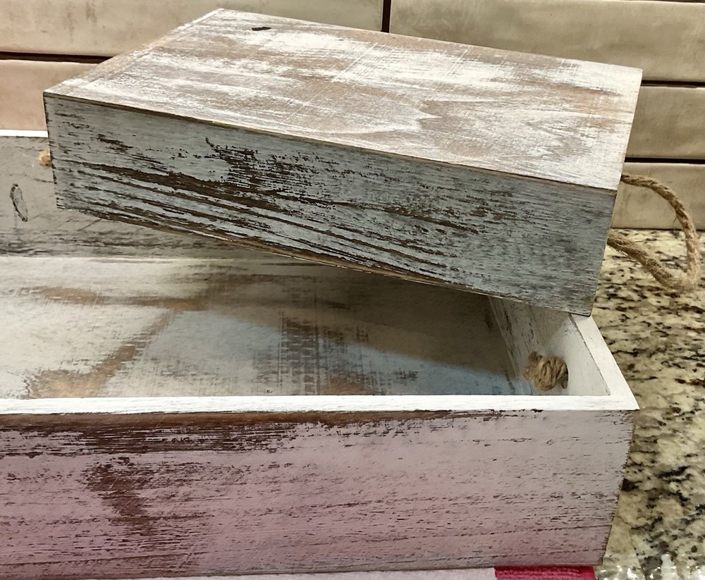 Set of 2 Whitewashed Wood Rectangular Boxes With Rope Handles