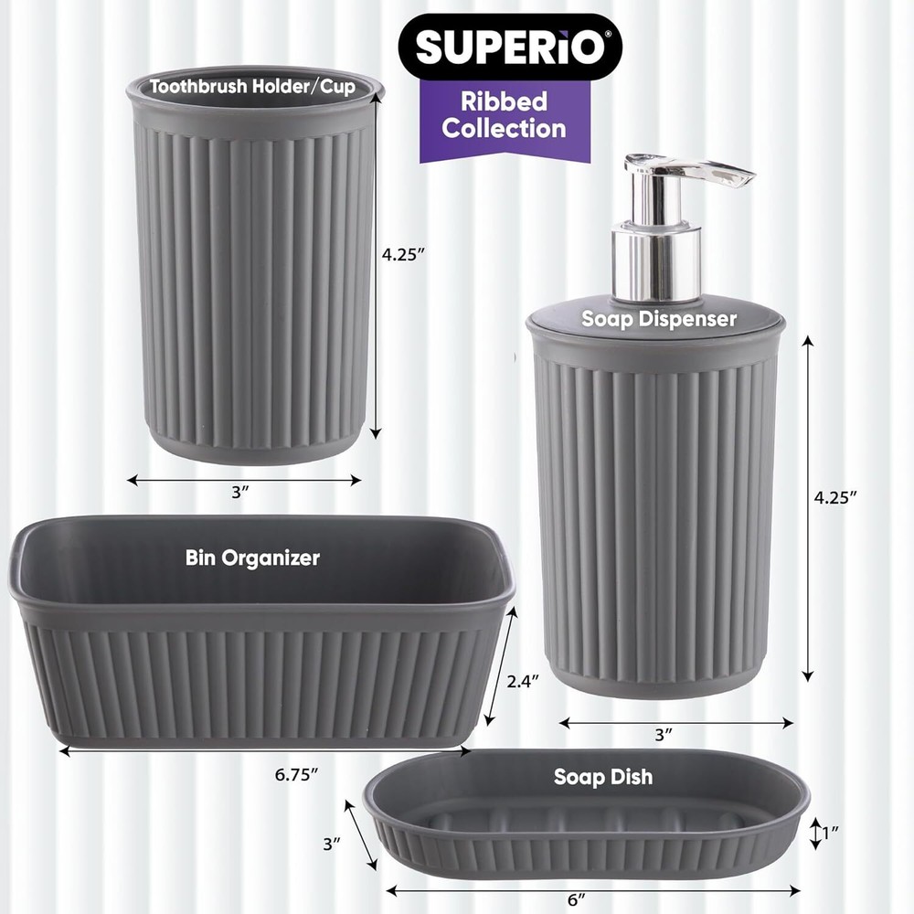 Superio Decorative Ribbed Bathroom Accessory Set, Plastic - Grey (4 Pack)