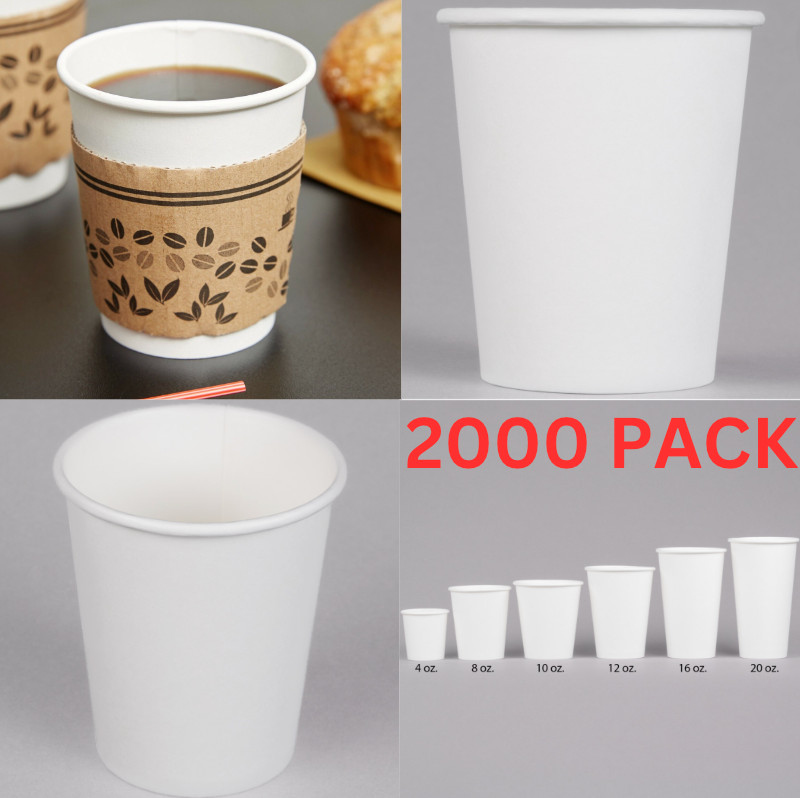 2000-Pack 8 oz. White Plain Paper Disposable Hot Beverage Coffee Cups Bulk NEW