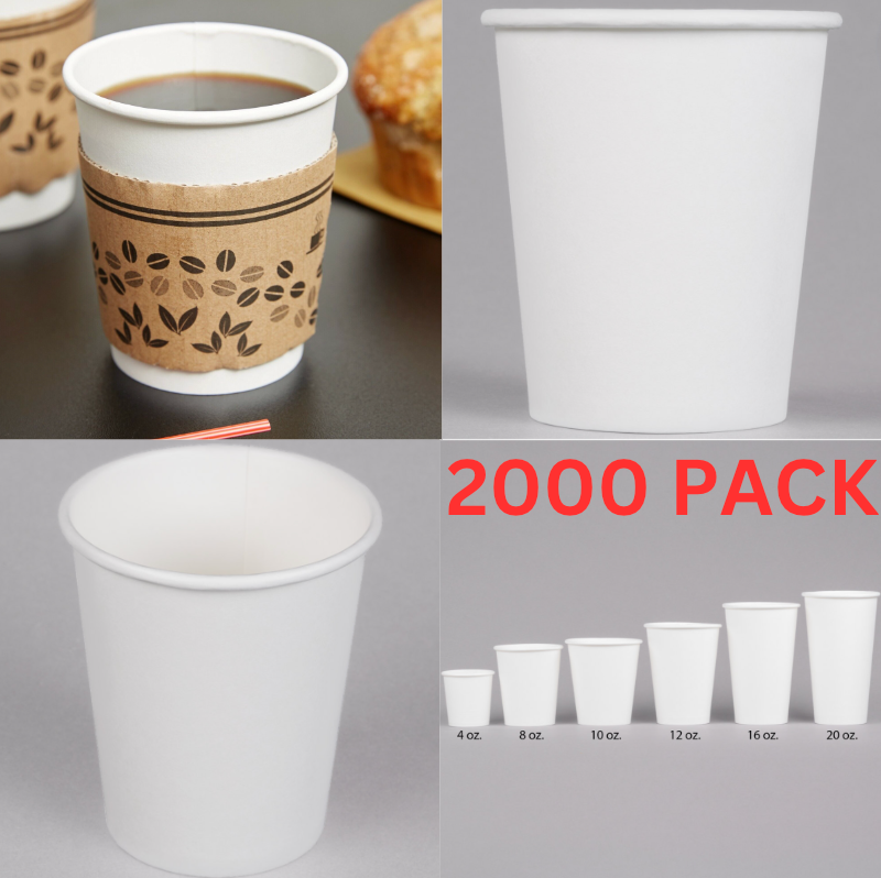 2000-Pack 8 oz. White Plain Paper Disposable Hot Beverage Coffee Cups Bulk NEW