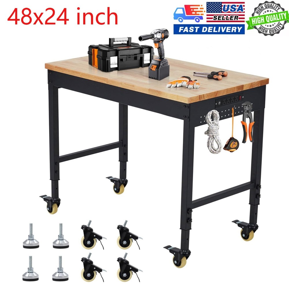 48"x24" Workbench Adjustable Height Workstation 2000LBS W/ 9.8FT Cable & Casters
