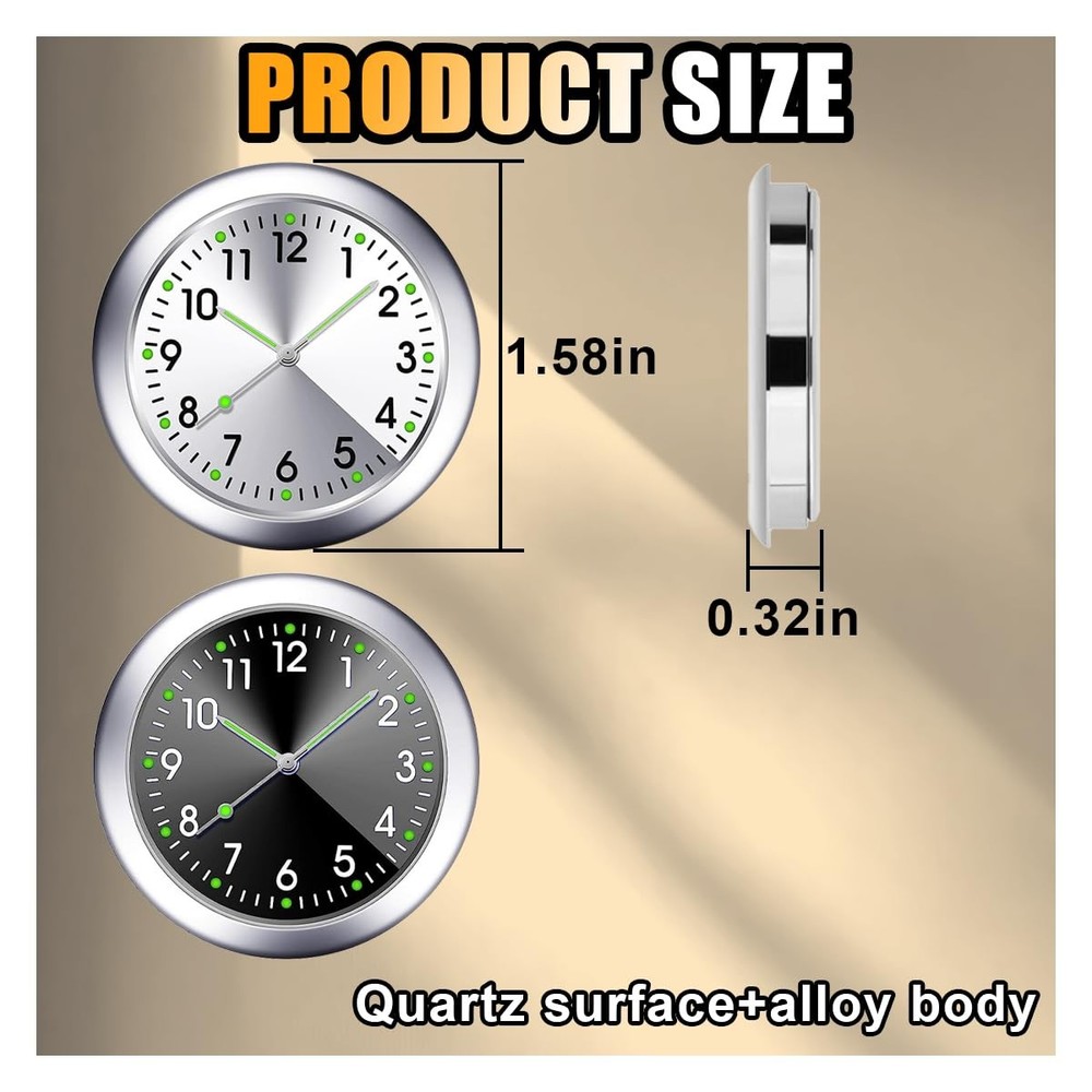 2 PCS Car Mini Clock Luminous Air Vent Clip Dashboard Quartz Clock Black