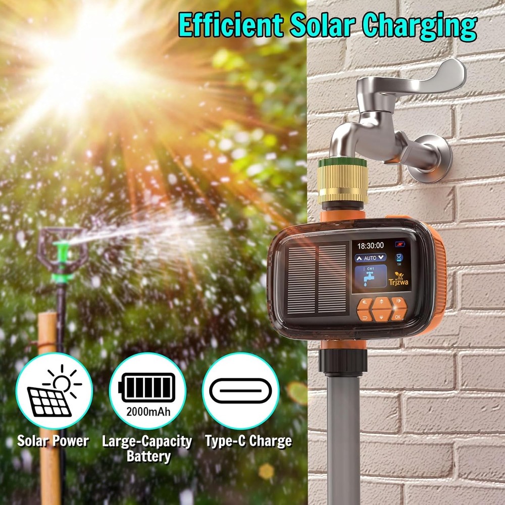 Solar Hose Timer 2000mAh - Smart Watering System w/ Rain Delay & USB-C Charging