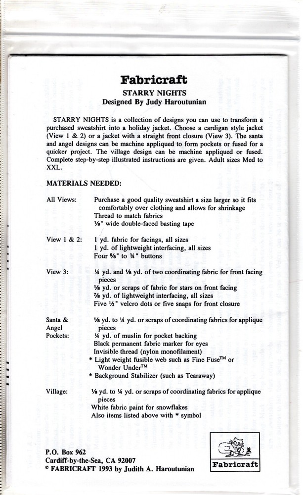 "Starry Night" ©1991 Fabricraft Sewing Appliqué Craft Pattern # 331 UNCUT