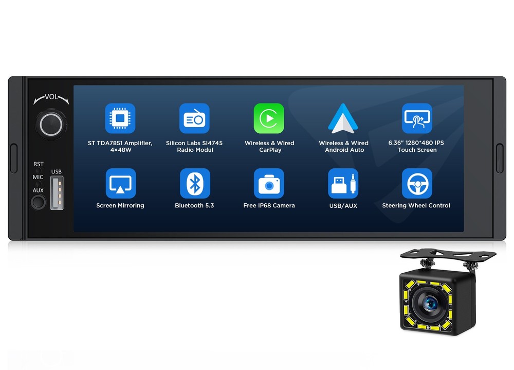 6.36" IPS Android Auto Single 1 DIN Car Stereo Head Unit Apple CarPlay AUX Input