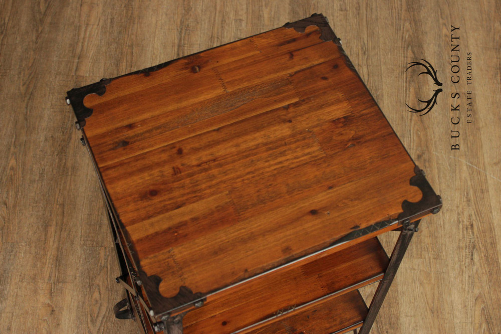 Industrial Rustic Pine And Iron Rolling Shelf With Drawer