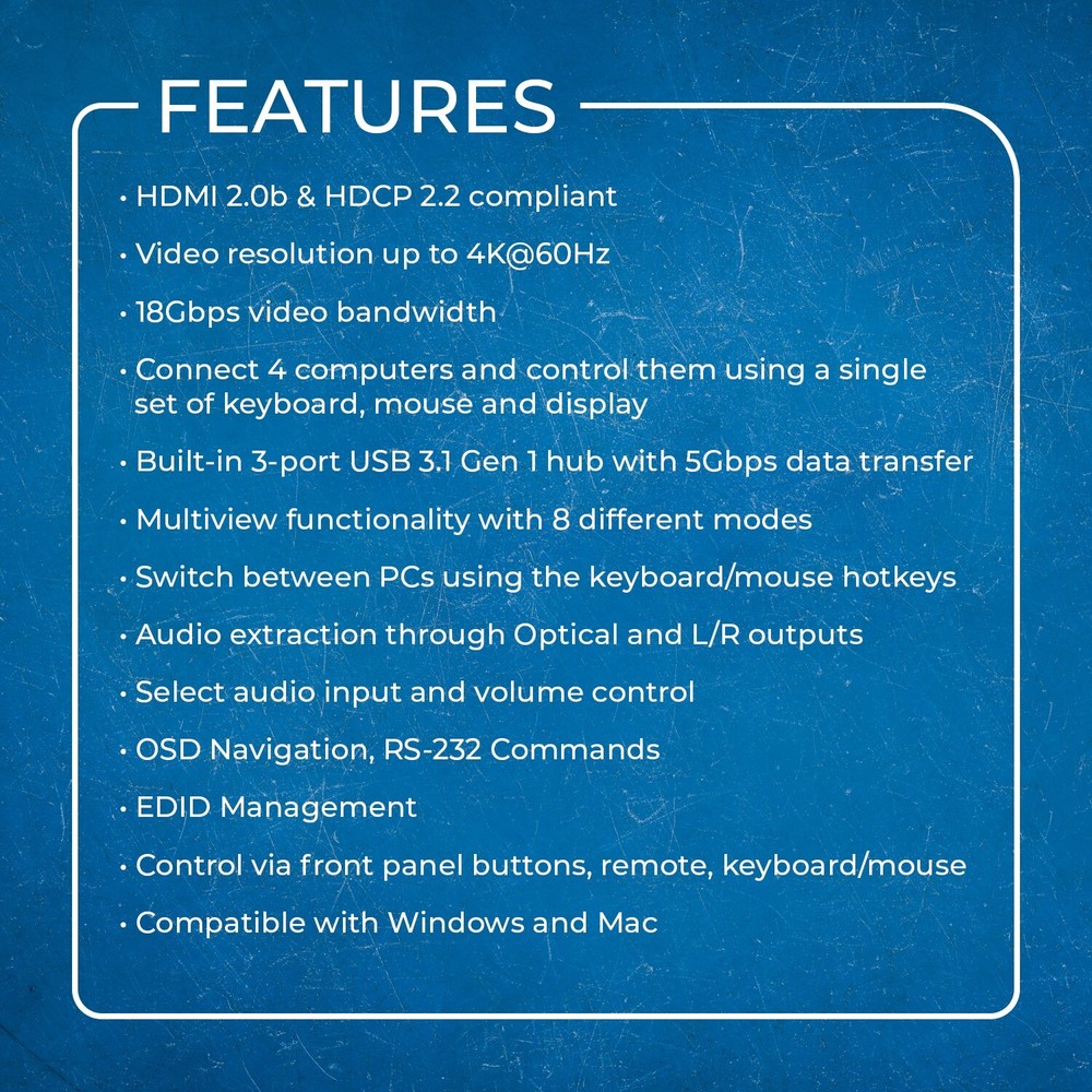 OREI 4K 4x1 KVM Switch with USB 3.0 and Multiview Functionality (UKM-401MV)