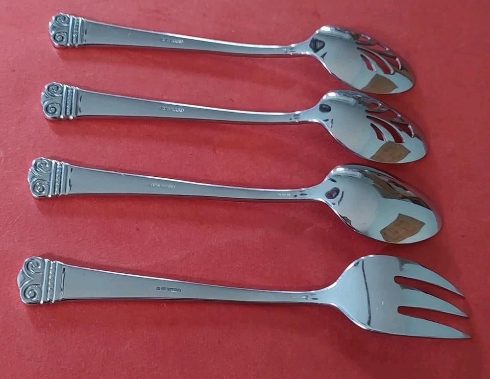 4pc Oneida 18/10 MELODIA Stainless SERVING FORK Pierced & Solid TABLE SPOONS