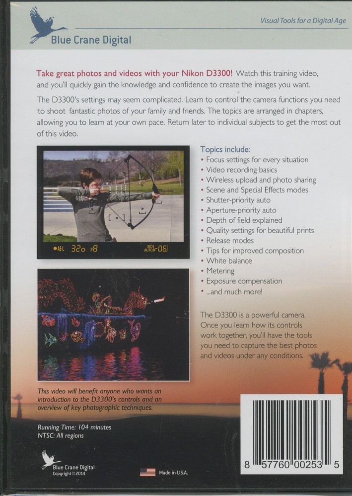 Blue Crane DVD Nikon D3300 Basic controls. instructional, NEW and SEALED