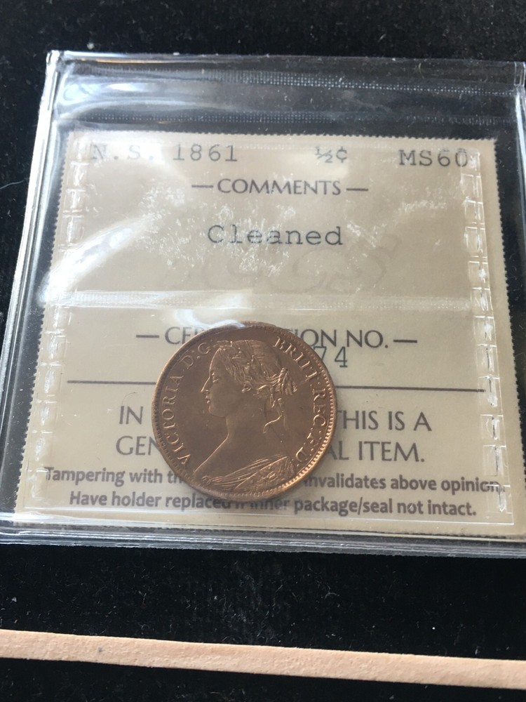 1861  ICCS Graded Nova Scotia, 1/2 Cent, **MS-60 Cleaned**