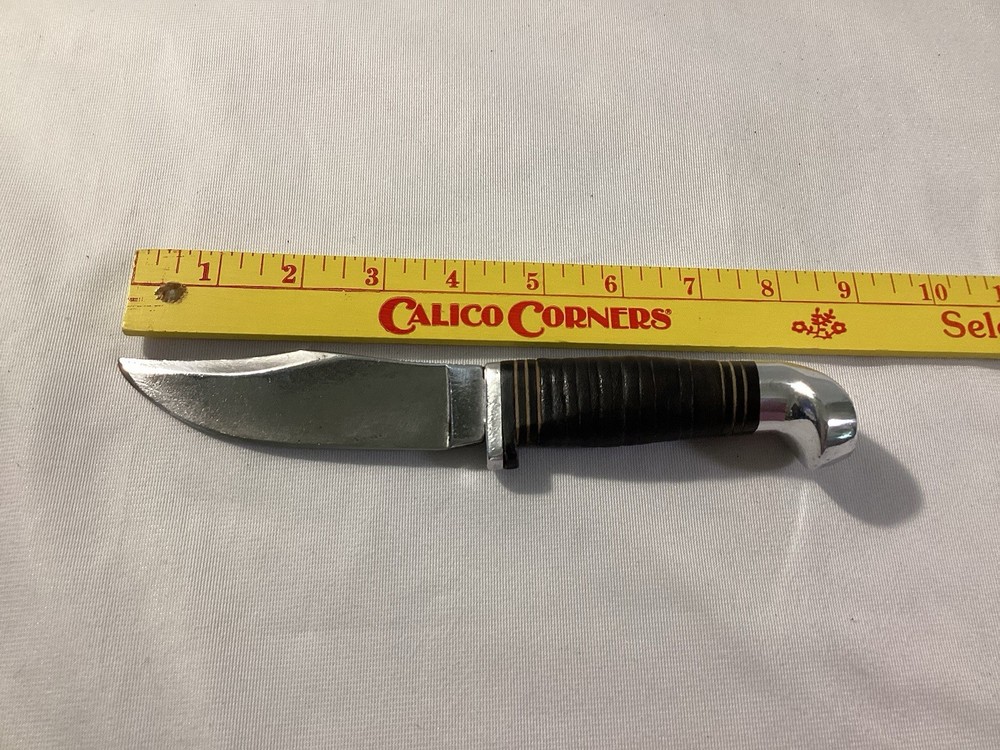 Vintage Fixed Blade Leather Stacked Handle Knife No Markings