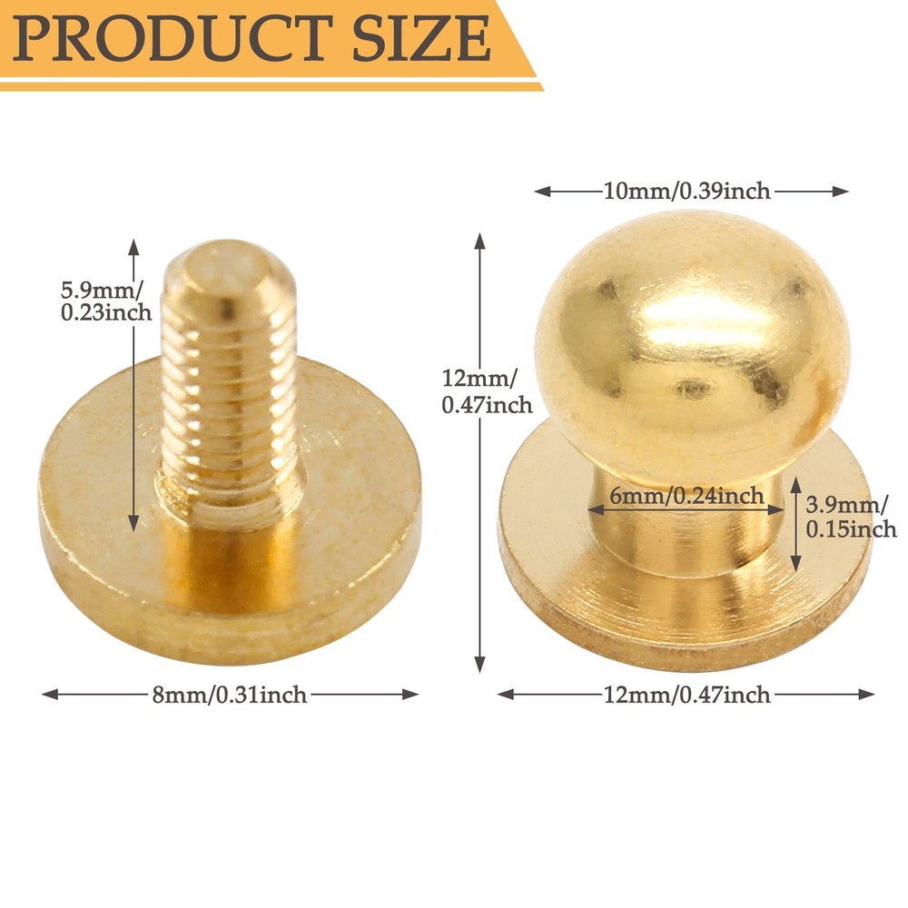 15Set 10mm Round Head Button Studs Solid Brass Button Stud Screw Leather Butt...