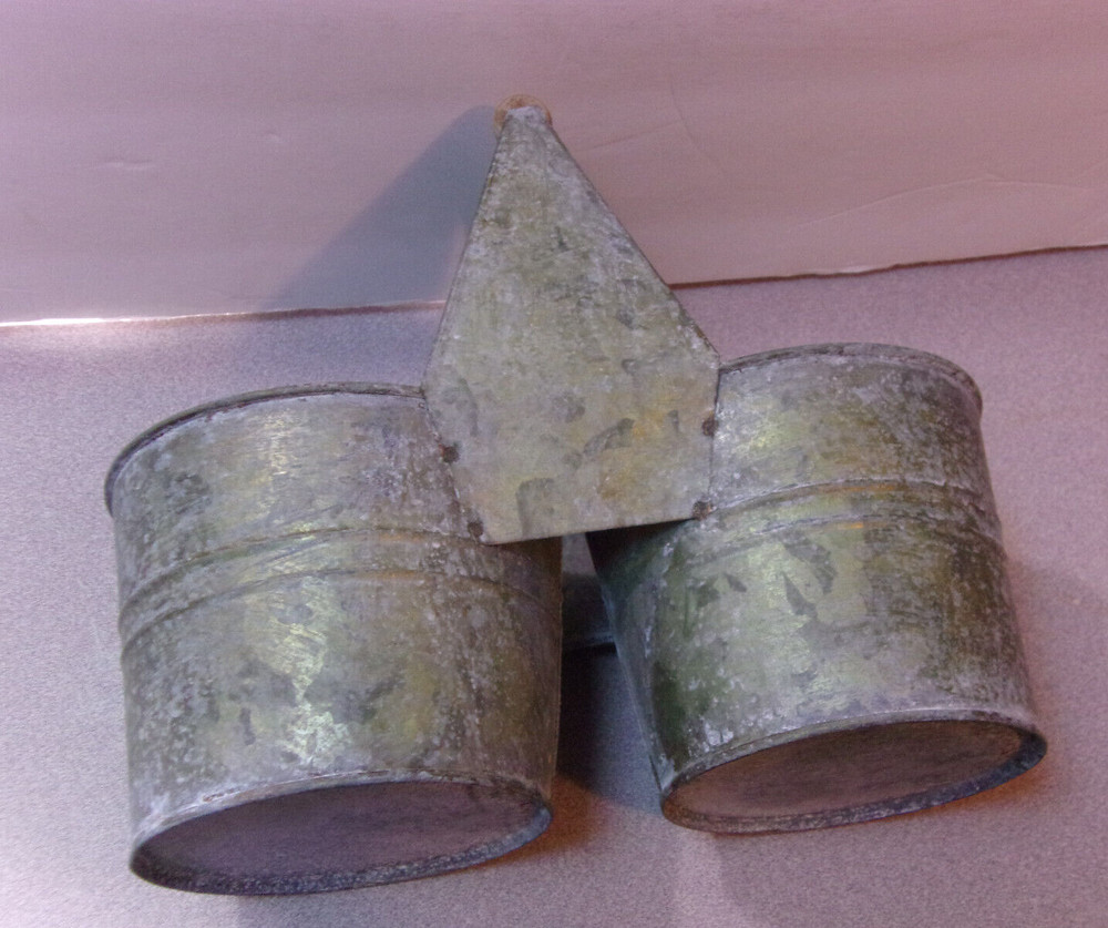 Vintage Double Galvanized 4" Pails Connecting w/ Wooden Handle