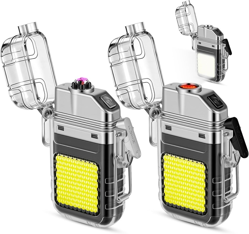 2-Pack Waterproof Dual Arc Plasma USB Lighter 3 Modes Flashlight Outdoor